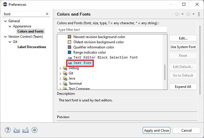 Accessing Text Font Settings in Eclipse IDE