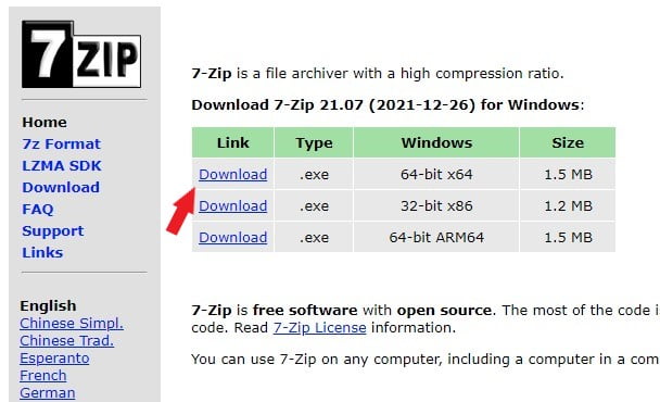 Download Option for 7zip