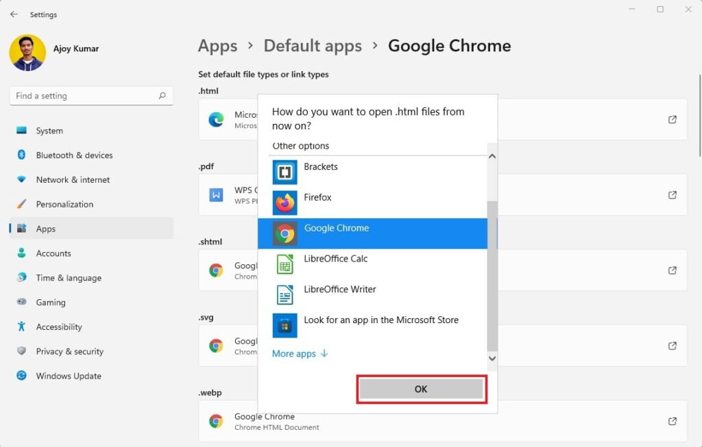 Select Google Chrome as Default