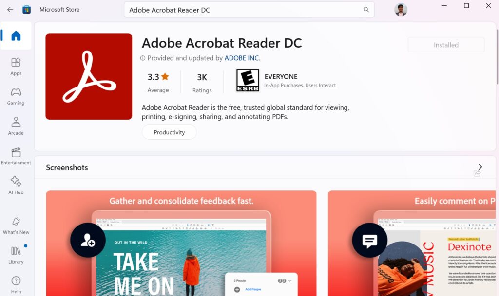 Install Adobe Acrobat Reader DC from the Microsoft Store