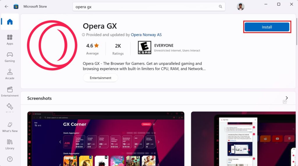 Install Opera GX from Microsoft Store