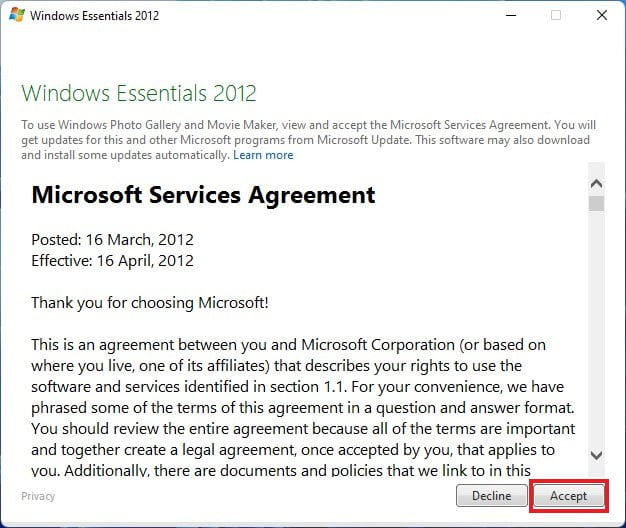 Windows Essentials 2012 Service Agreement