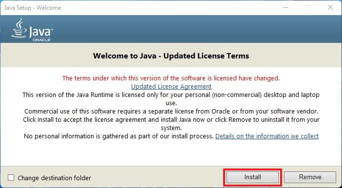 Java JRE Setup Window