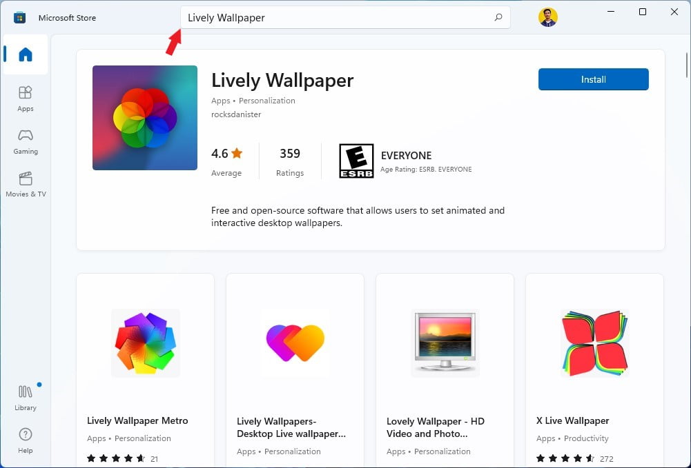 Search for Lively Wallpaper on Microsoft Store