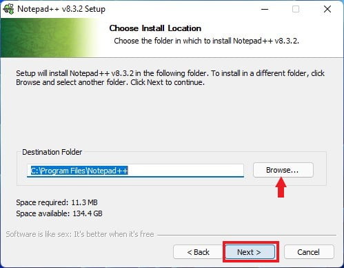 Choose the Notepad++ Installation Location