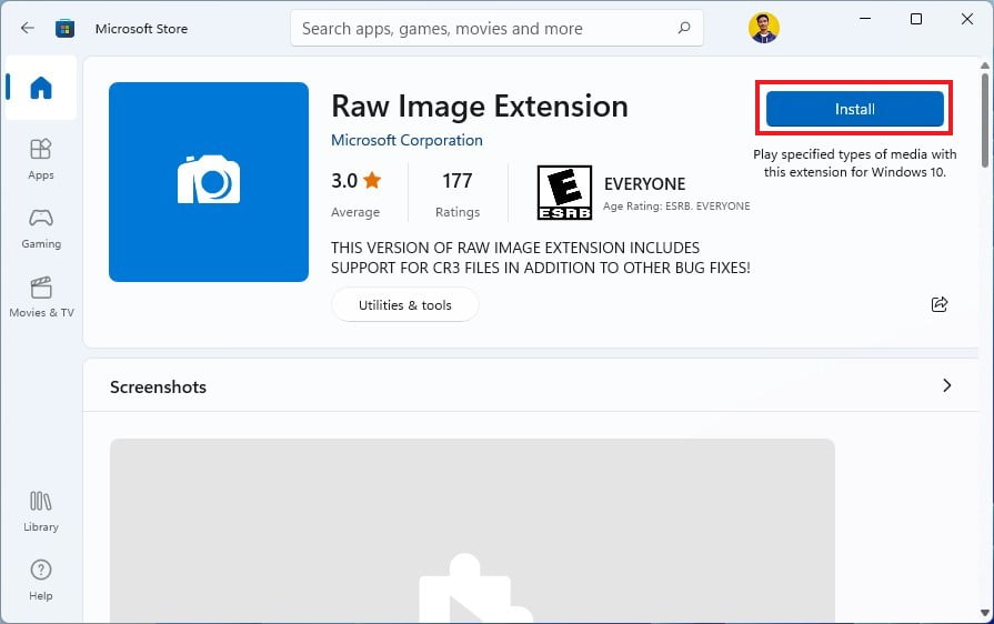 Installing Raw Image Extension