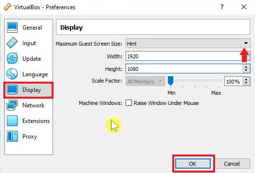 Changing Display Settings on VirtualBox