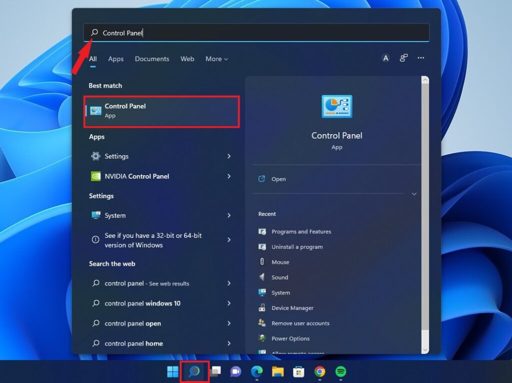 Opening Control Pane from the Start Menu