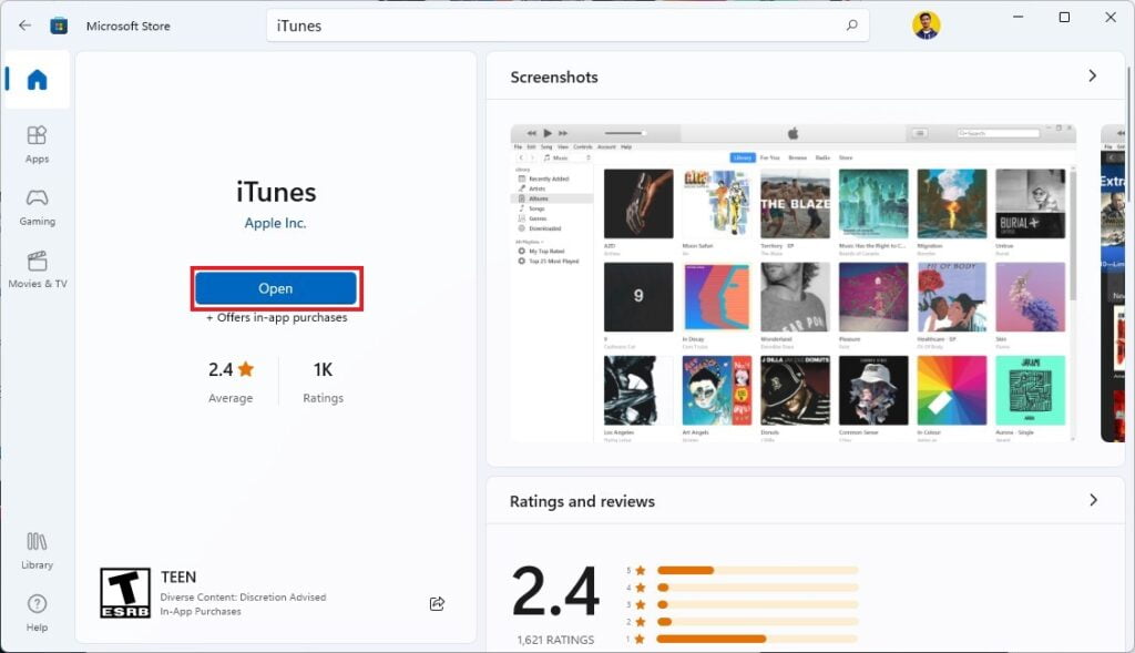 Open iTunes from the Microsoft Store