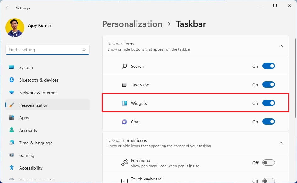 Turn on the Widgets Option on Taskbar
