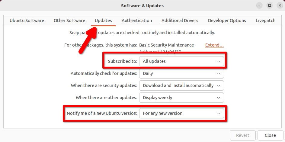 Changing Update Options on Software and Updates