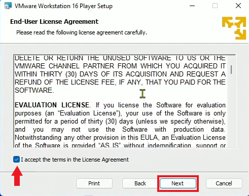 VMware Workstation Player License Agreement Window