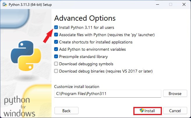 Advanced Option in Python Installation Window