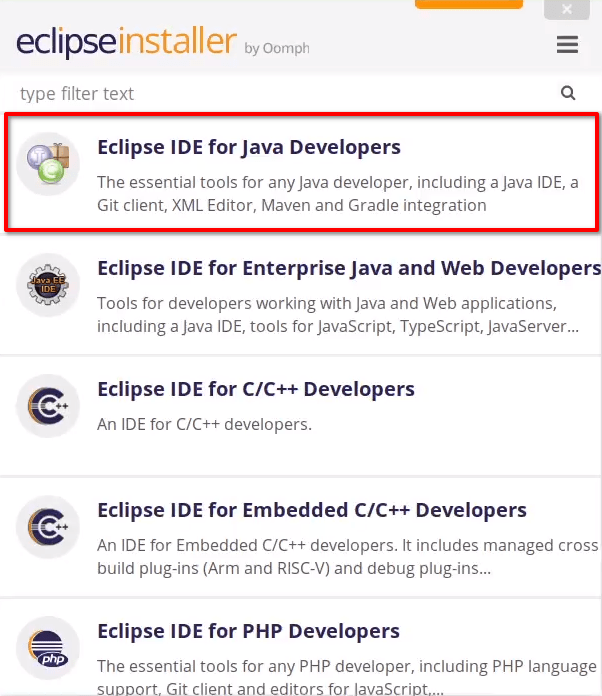 Selecting the Eclipse IDE for Developers
