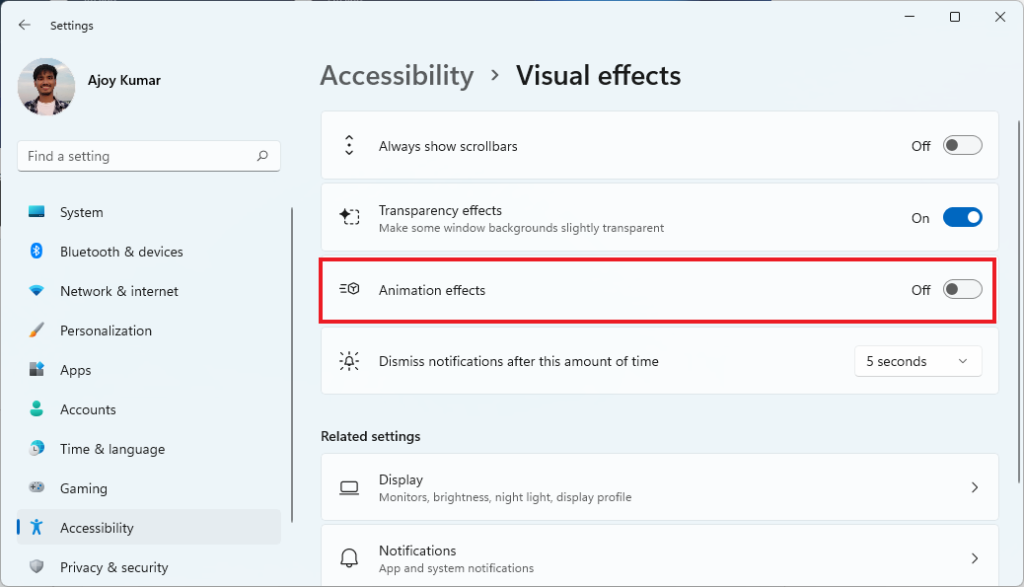 Turn Off Animations in Windows 11