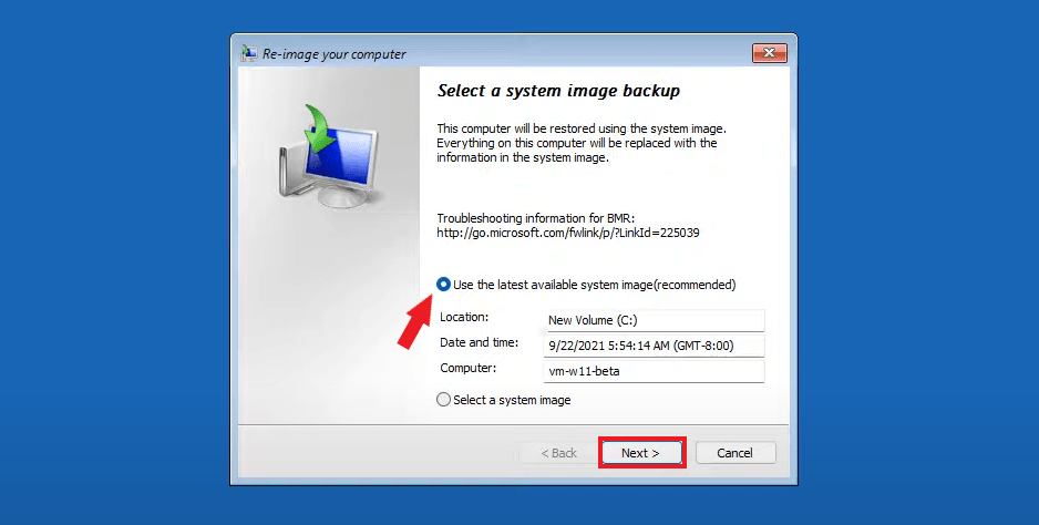System image Selection Window to Backup Windows Operating System
