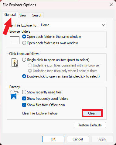 File Explorer Options Windows Showing to Clear the Cache