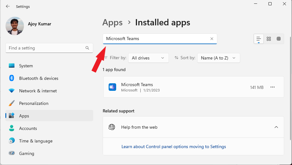 Windows Settings Installed Apps on Windows 11
