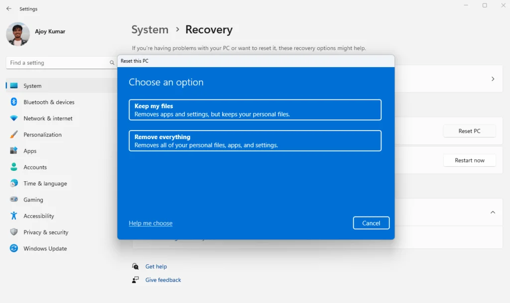Settings to Reset Windows Operating System to Fix Freezing Issues