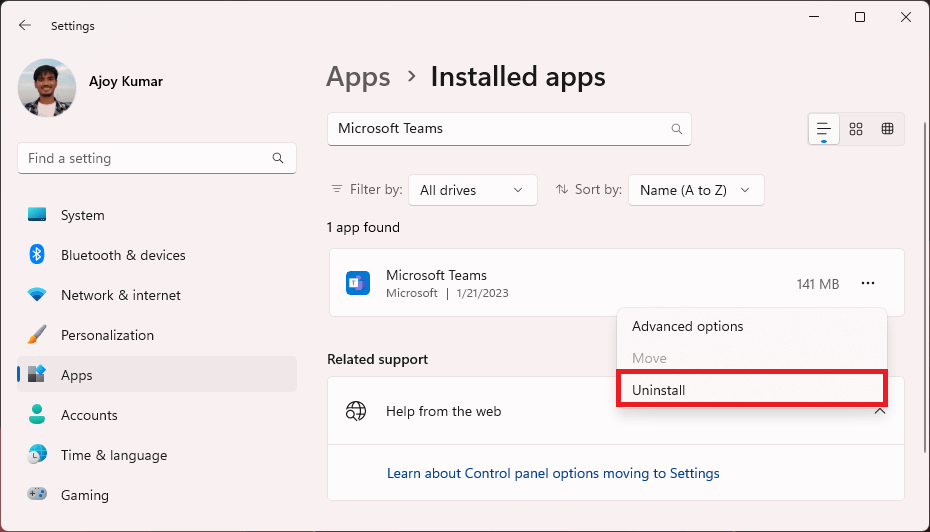 Uninstall Option to Remove Apps from Windows 11