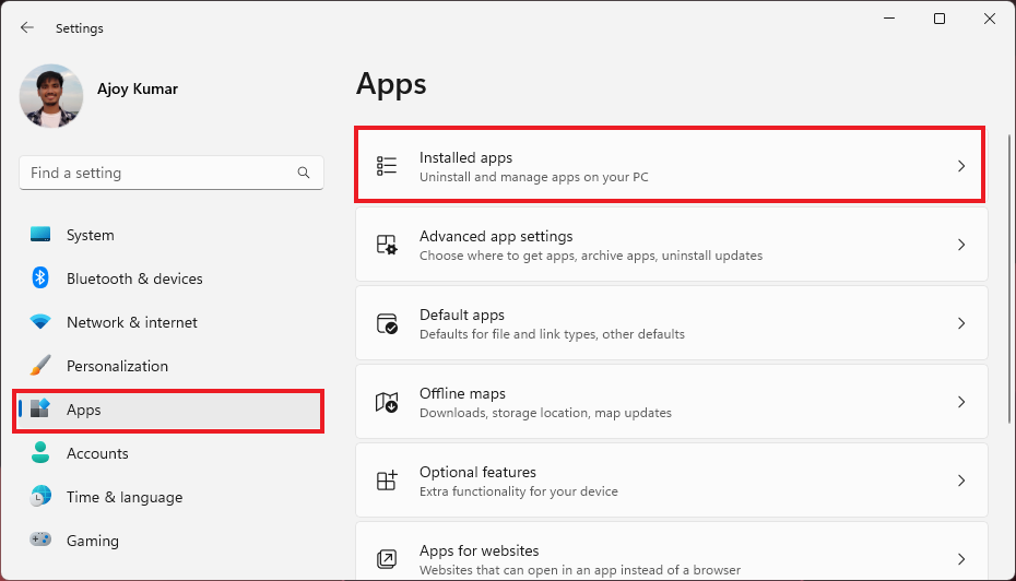 Windows Settings to Access the Installed Apps
