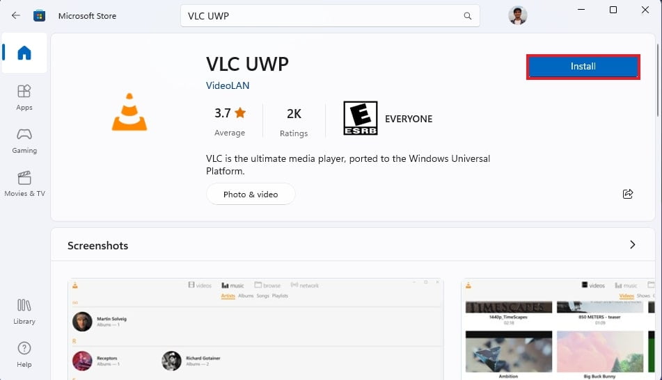 Installing VLC UWP from Microsoft Store