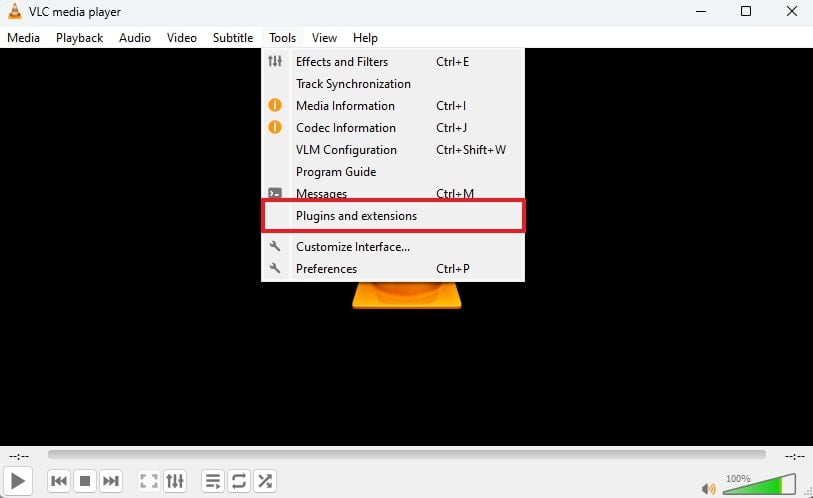Selecting the Plugins and Extensions option on VLC
