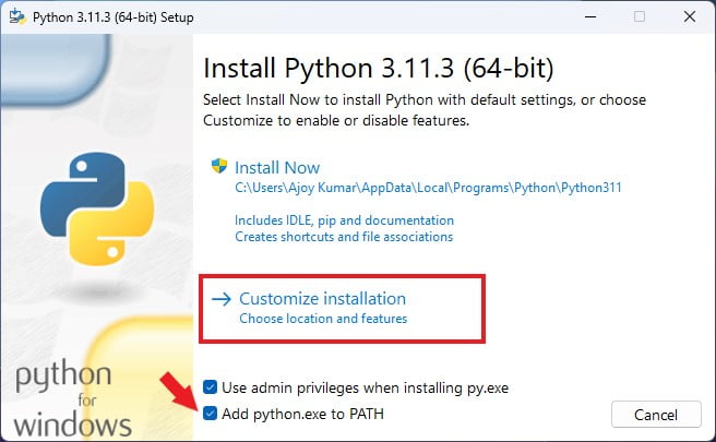 Selecting Customize Installation Option for Python