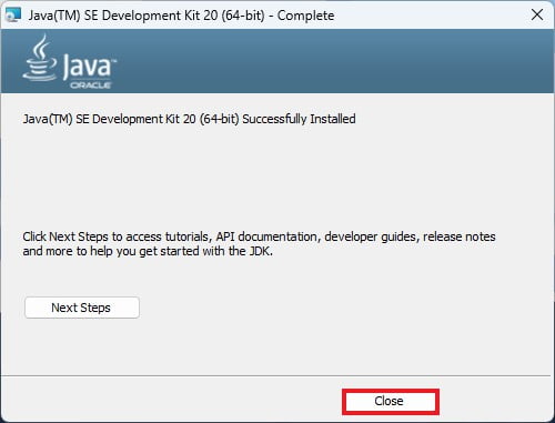 Java Installation Completion Window