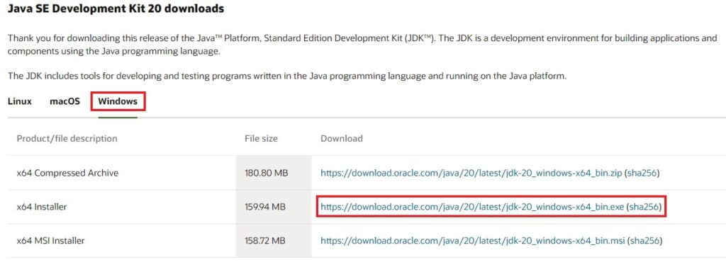 Official Website to Download Java SE Development Kit 20