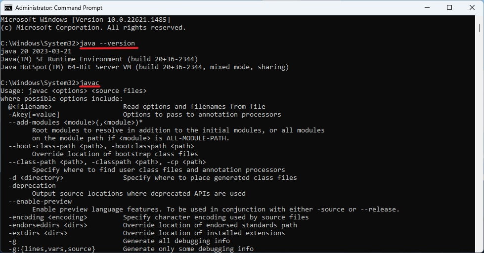 Command Prompt with Java Version Command