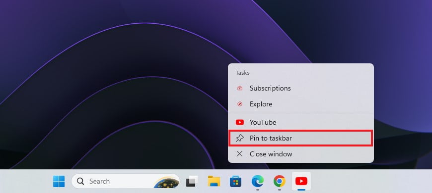 Option to Pin YouTube Shortcut to the Taskbar