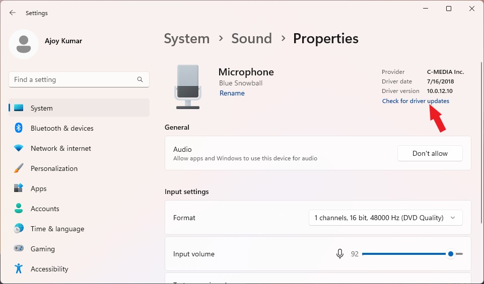 Check for Microphone Driver Update from the Settings