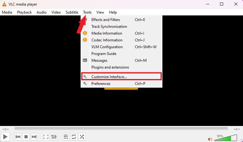 A Screenshot showing to Accessting the Customize Interface Option in VLC