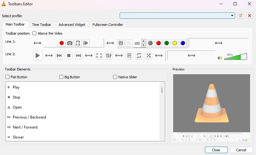 Toolbars Editor Interface in VLC