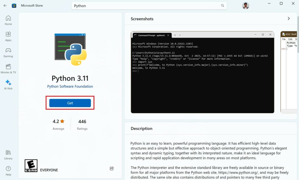 Install Python from Microsoft Store