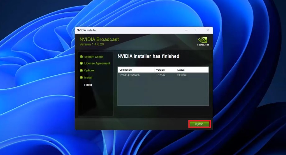 NVIDIA Installer Complete Window