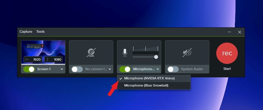 Selecting NVIDIA RTX Voice Microphone on Supported Device