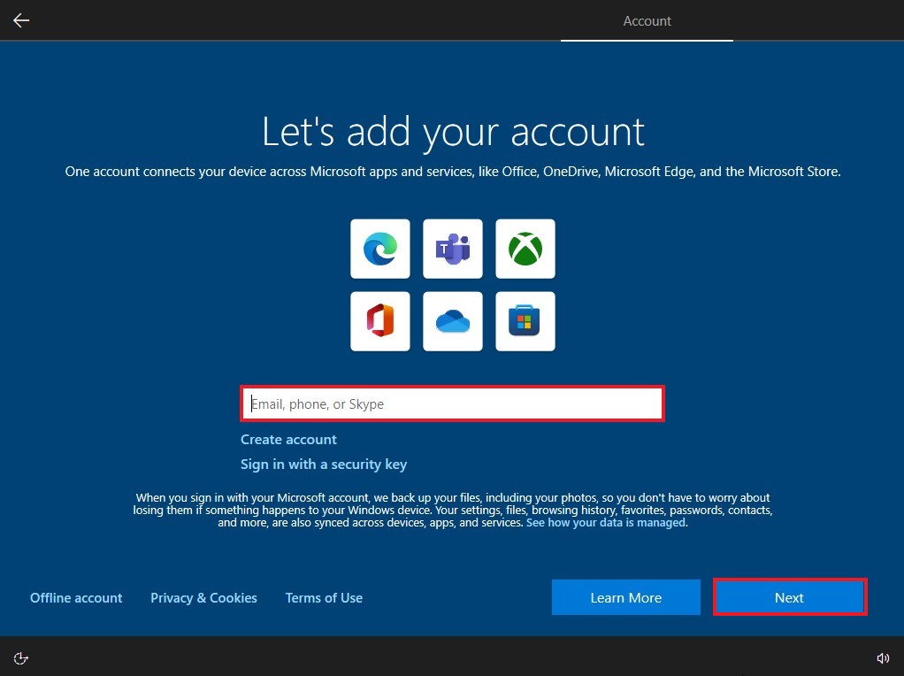 Windows OOBE Microsoft Account Setup Screen