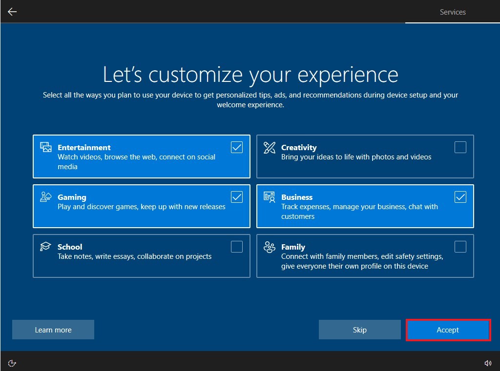 Windows OOBE Customize your Experience on your Device
