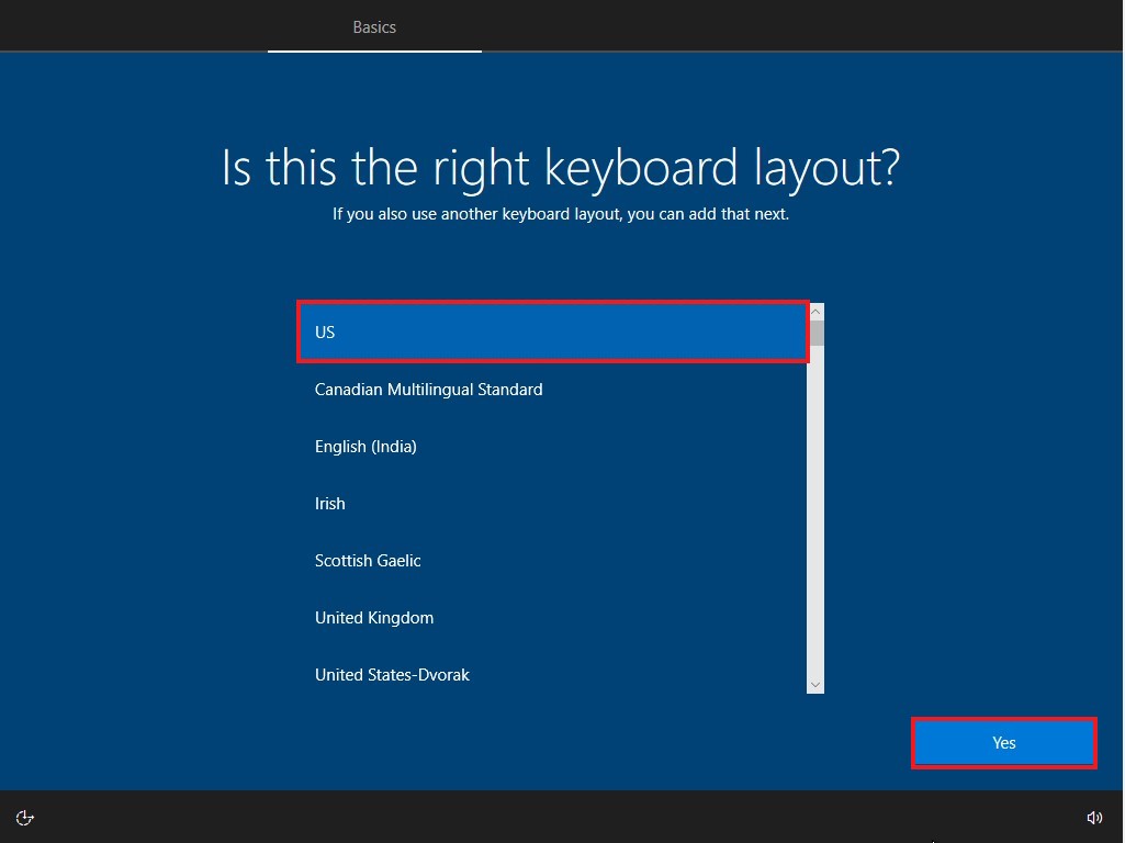 Windows OOBE Keyboard Layout Selection Screen