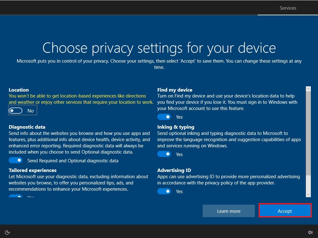 Windows OOBE Choosing Privacy Settings for your Device