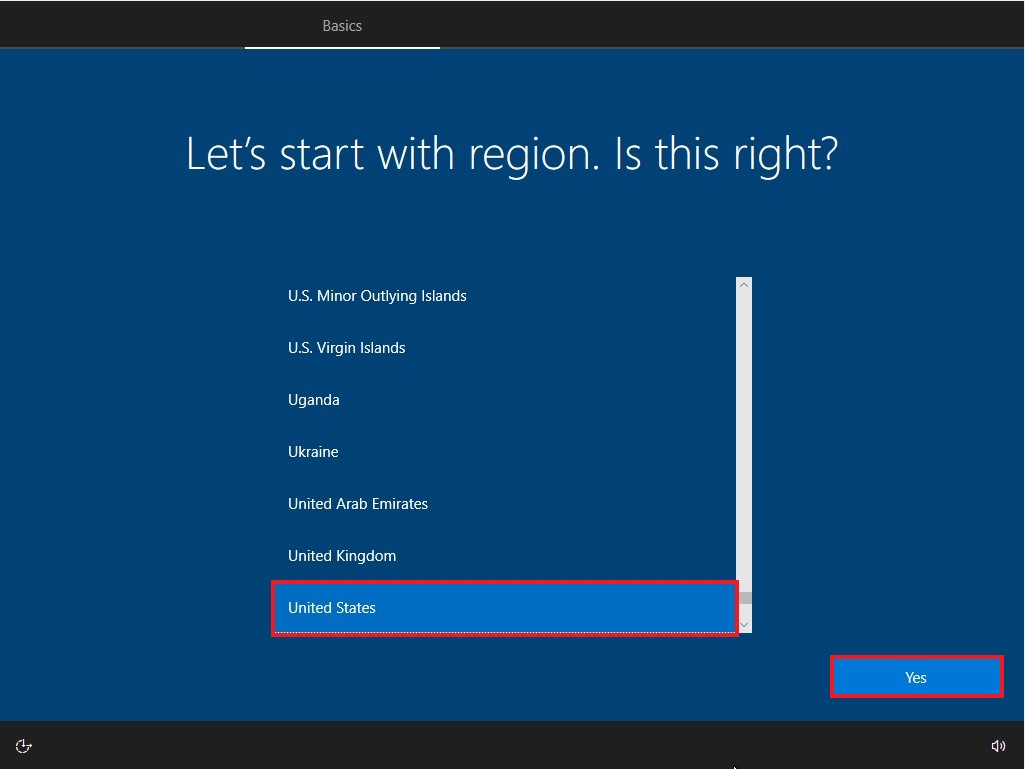 Windows OOBE Region Selection Screen