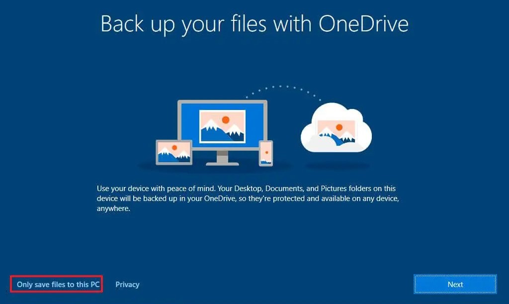 Windows 10 OOBE OneDrive Setup Skip
