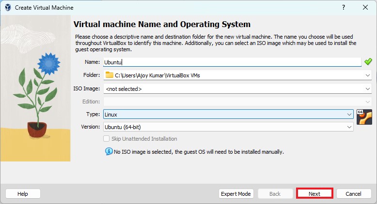 Name your Virtual Machine as Ubuntu