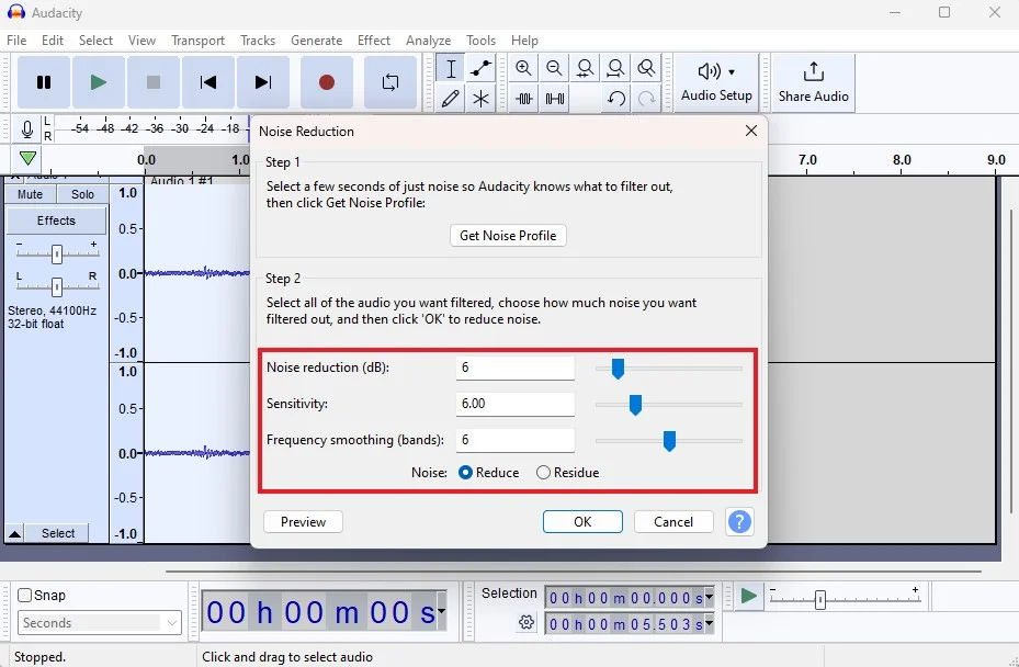 Noise Reduction Settings in Audacity