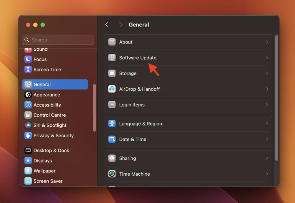 Software Update Mac General System settings