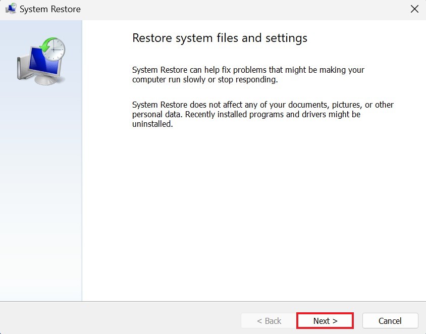 Click on Next in system restore settings