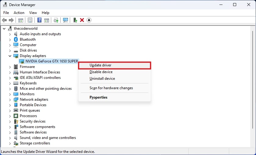 A Screenshot Showing Update Driver Option in Device Manager Windows