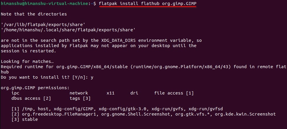 Install GIMP by executing flatpak install flathub org.gimp.GIMP